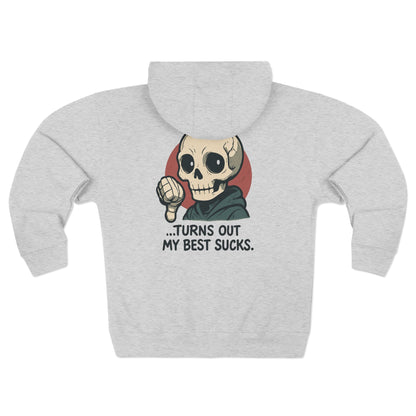 HoodnTee Zip Hoodie | Skull Zip Hoodie — “Turns Out My Best Sucks” Retro Goth Graphic 💀