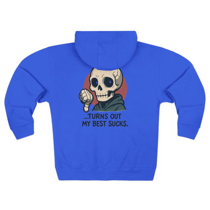 HoodnTee Zip Hoodie | Skull Zip Hoodie — “Turns Out My Best Sucks” Retro Goth Graphic 💀